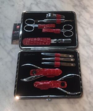 ZWILLING Solingen Manicure inox rot 2 Scheren und Nagelzange Rahmen-Etui, rotes Lack-Leder